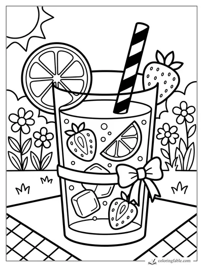 Easy strawberry lemonade coloring page with lemon slice, striped straw, bow, ice, flowers, and sunny garden.