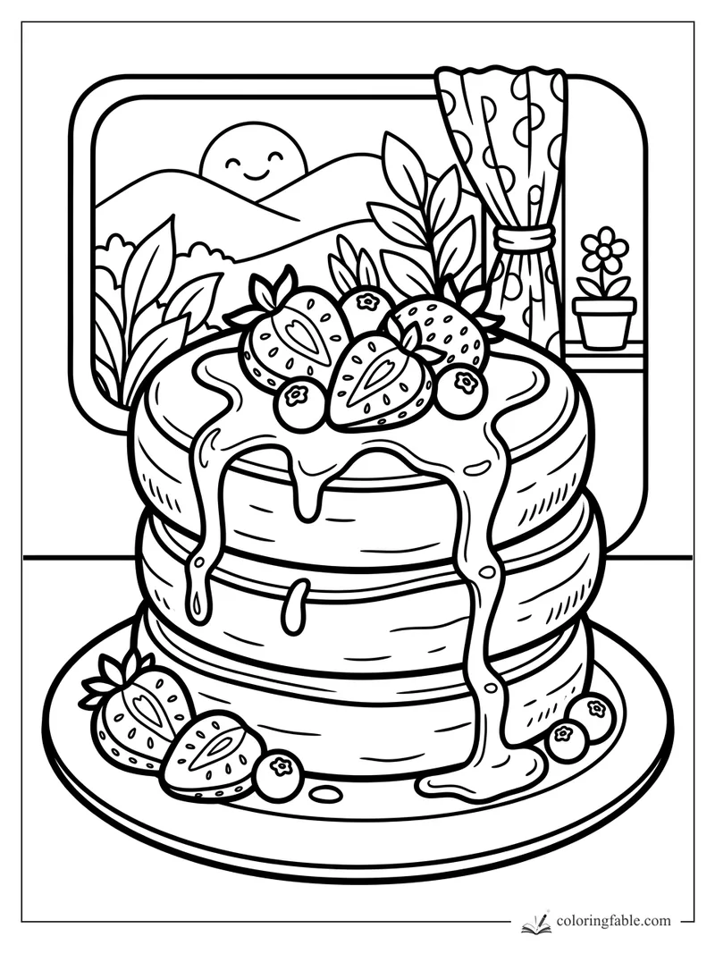 Cartoon strawberry pancake stack with dripping syrup, fruit, sunny hills, curtains, and a potted flower.