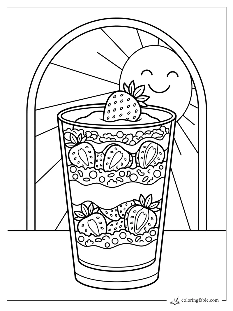 Strawberry parfait cup with granola layers and smiling sun in an arched window coloring page