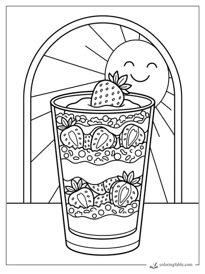 Strawberry parfait cup with granola layers and smiling sun in an arched window coloring page