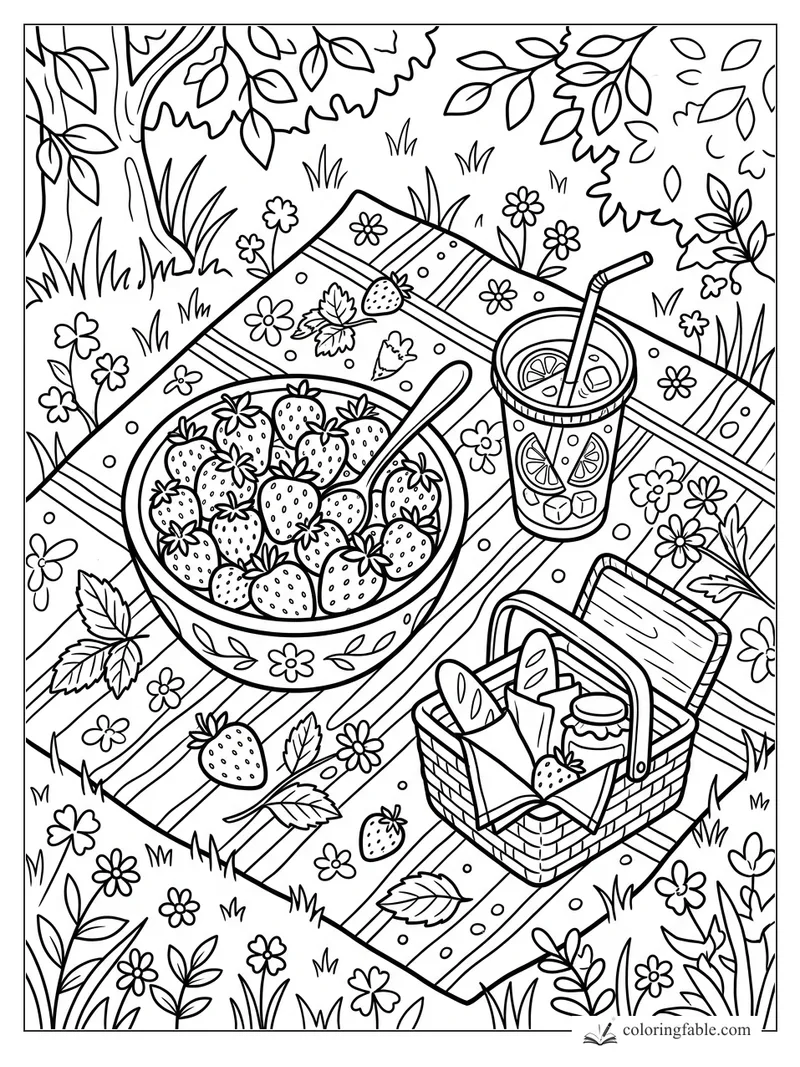 Strawberries in a bowl on a picnic blanket with lemonade, basket, flowers, leaves, and trees.
