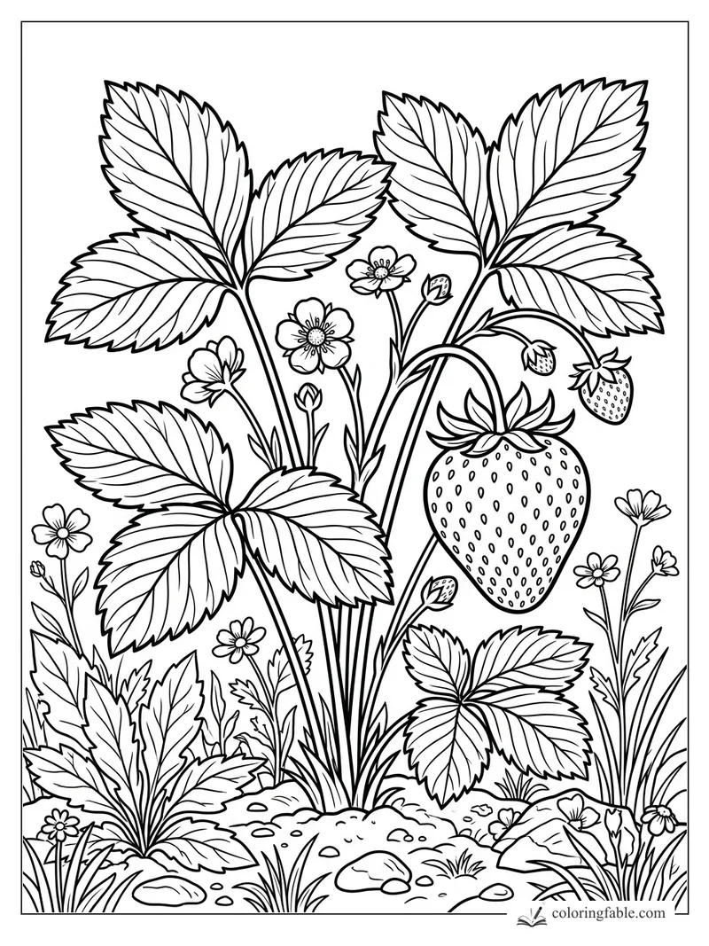 Realistic strawberry plant with serrated leaves, blossoms, small berries, and stones in a garden bed