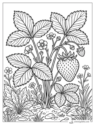 Realistic strawberry plant with serrated leaves, blossoms, small berries, and stones in a garden bed