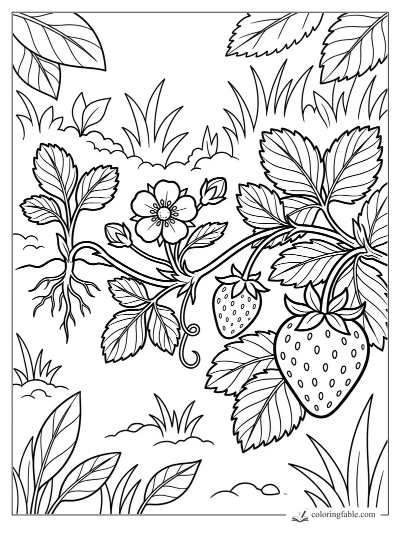 Strawberry plant coloring page with ripe berries, flower, runners, roots, grass, and serrated leaves.