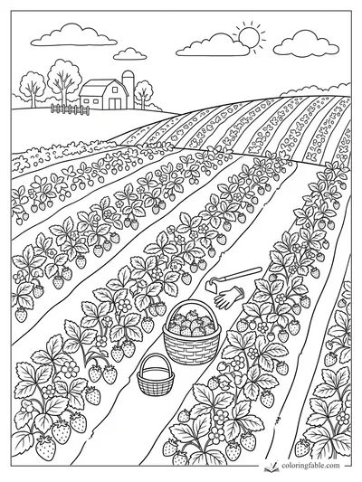 Strawberry field coloring page with berry rows, baskets, garden tools, barn, silo, sun and clouds.