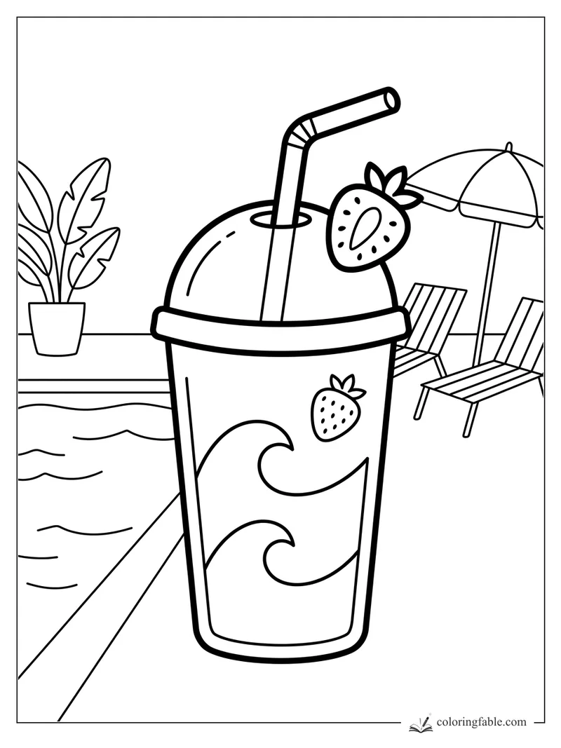 Strawberry smoothie cup with straw, berry garnish, pool waves, umbrella, lounge chairs, and potted plant.