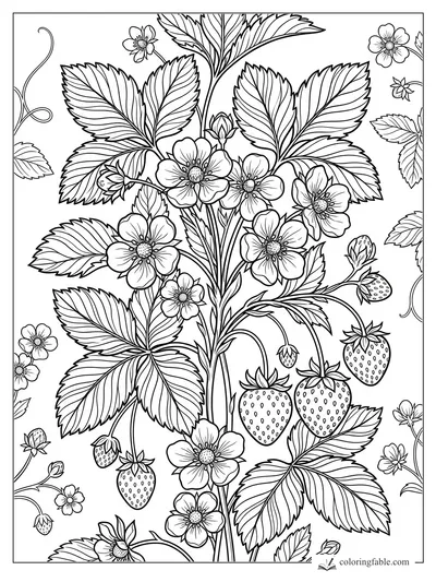 Intricate strawberry vine coloring page with blossoms, buds, berries, and serrated leaves