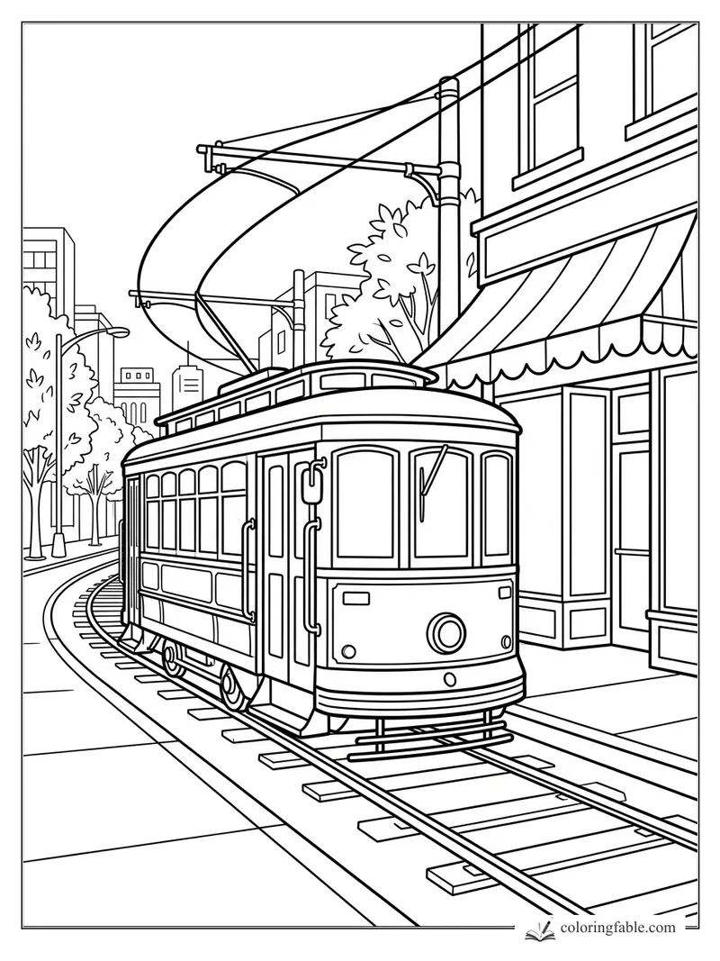 Vintage streetcar on curved city tracks beside shop awnings, trees, buildings, and overhead wires