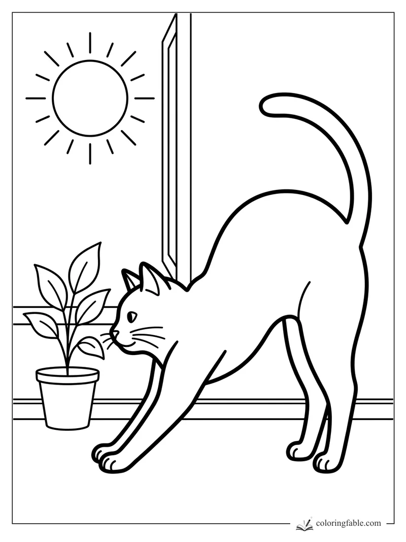 Minimalist cat stretching beside a potted plant and open window with a bright sun outside
