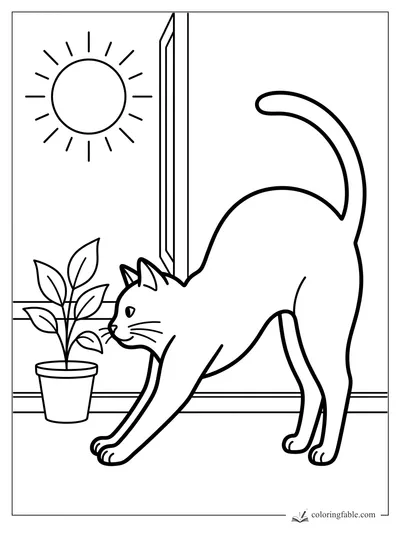 Minimalist cat stretching beside a potted plant and open window with a bright sun outside