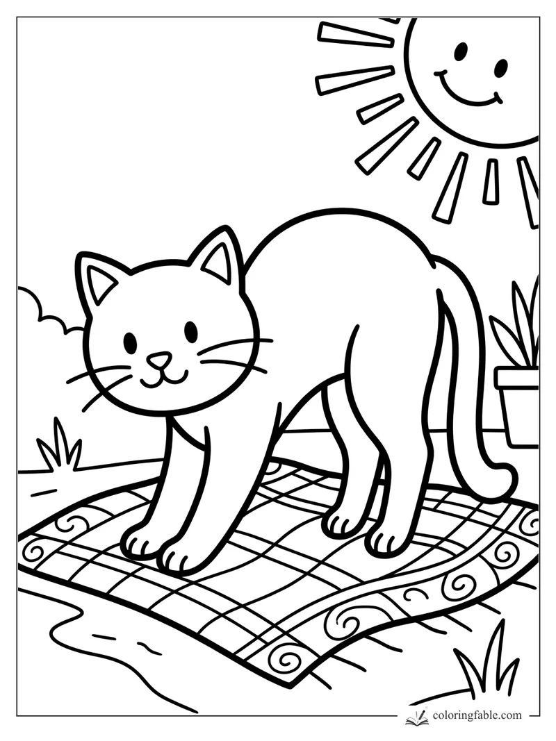 Bold easy coloring page of a smiling kitten stretching on a checkered rug under a happy sun.