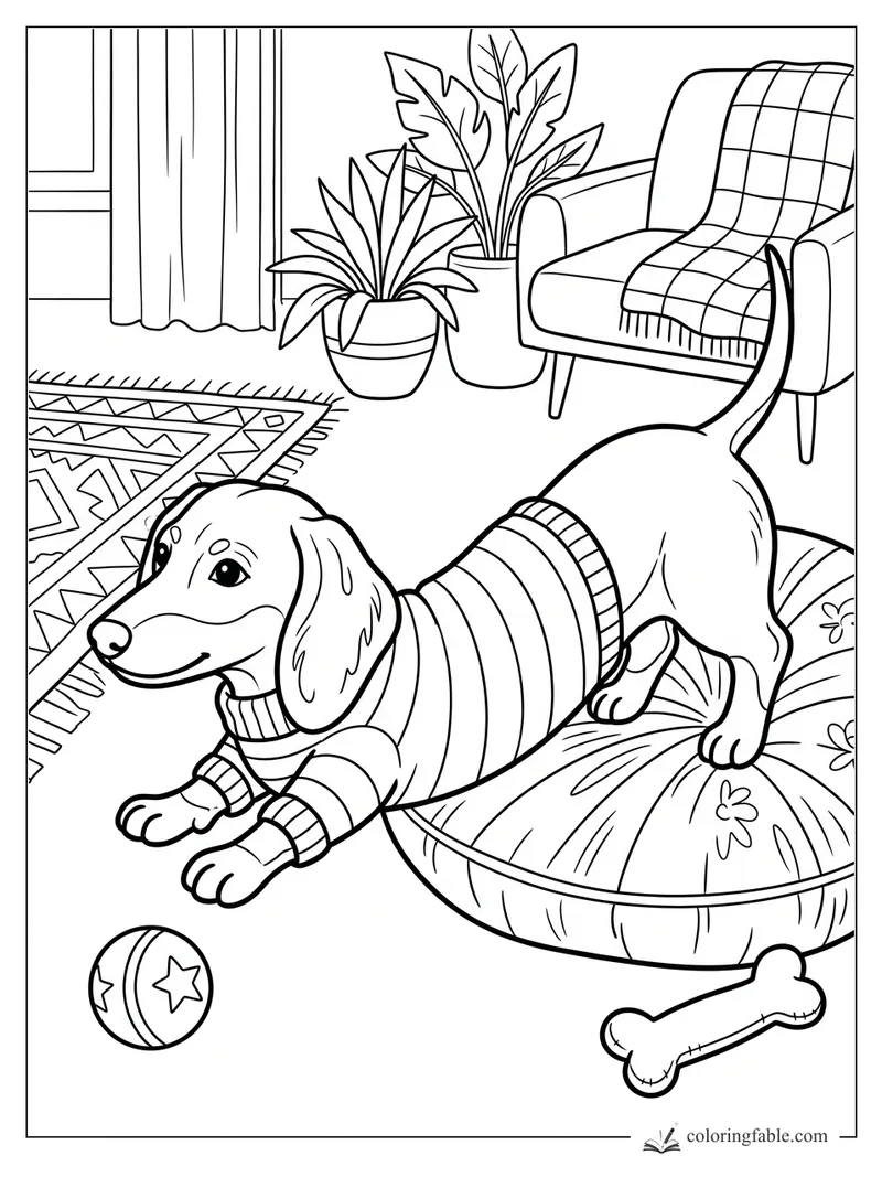 Playful puppy in a striped sweater stretching on a cushion with a ball, bone, rug, plants, and armchair.
