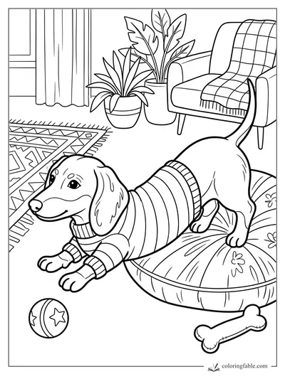 Playful puppy in a striped sweater stretching on a cushion with a ball, bone, rug, plants, and armchair.