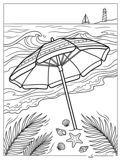 Striped beach umbrella on a sandy shore with waves, shells, palm fronds, sailboat, and lighthouse