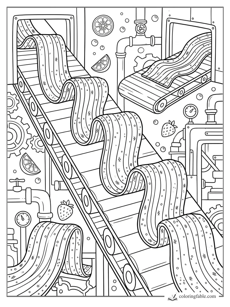 Striped candy ribbons rolling through a factory with conveyor belts, pipes, gears, fruit slices, and gauges.