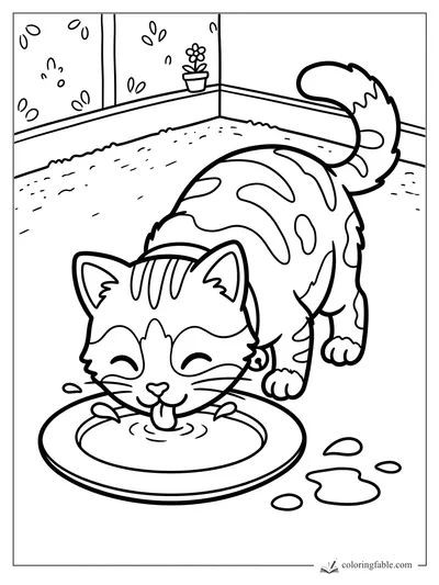 Easy coloring page of a smiling striped cat drinking milk from a saucer by a window and flowerpot.