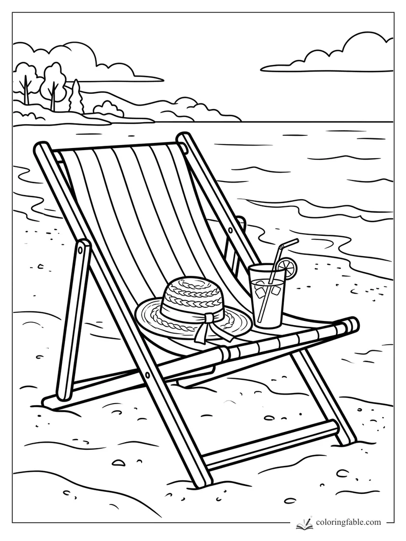 Beach deck chair with striped fabric, straw hat, lemon drink, waves, clouds, and distant trees.