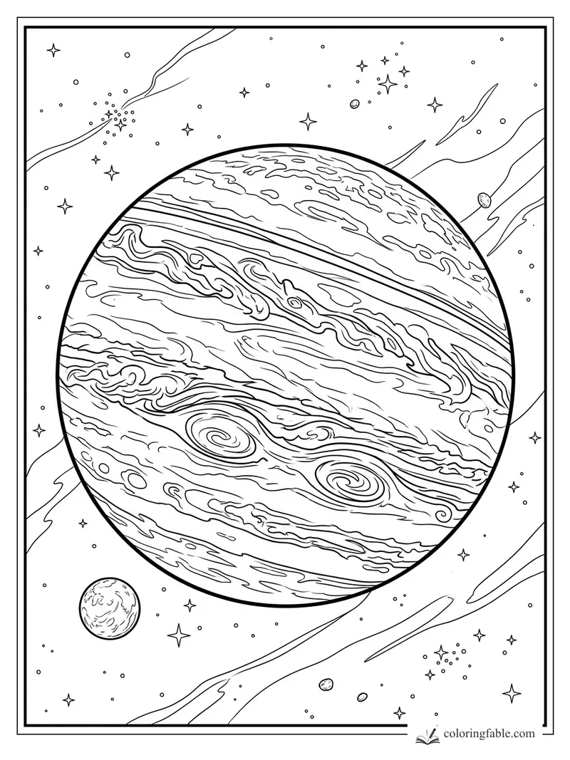 Realistic gas giant planet with swirling bands, twin oval storms, moons, stars, and wispy space clouds