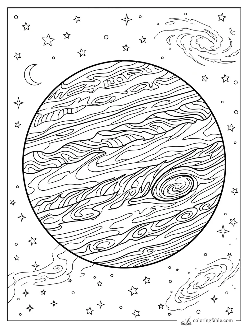 Realistic striped giant planet with oval storms, stars, crescent moon, and spiral galaxies