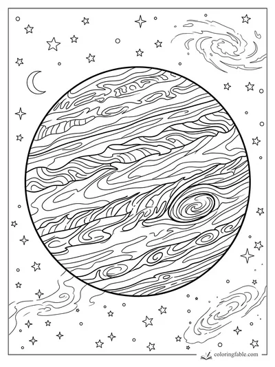 Realistic striped giant planet with oval storms, stars, crescent moon, and spiral galaxies