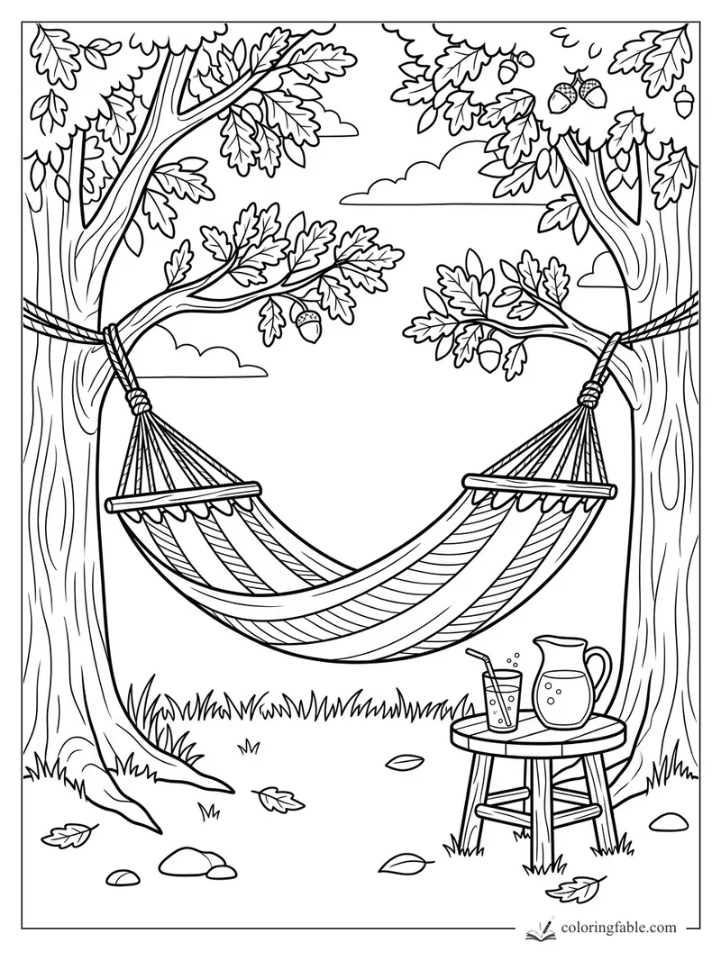 Striped hammock tied between two oak trees with acorns, clouds, grass, and a lemonade table.