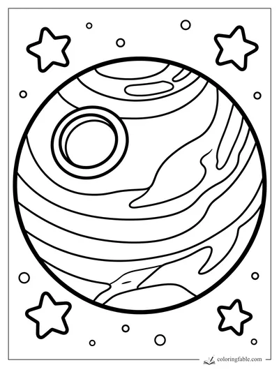 Easy coloring page of a striped planet with a round crater, four stars, and small space bubbles.