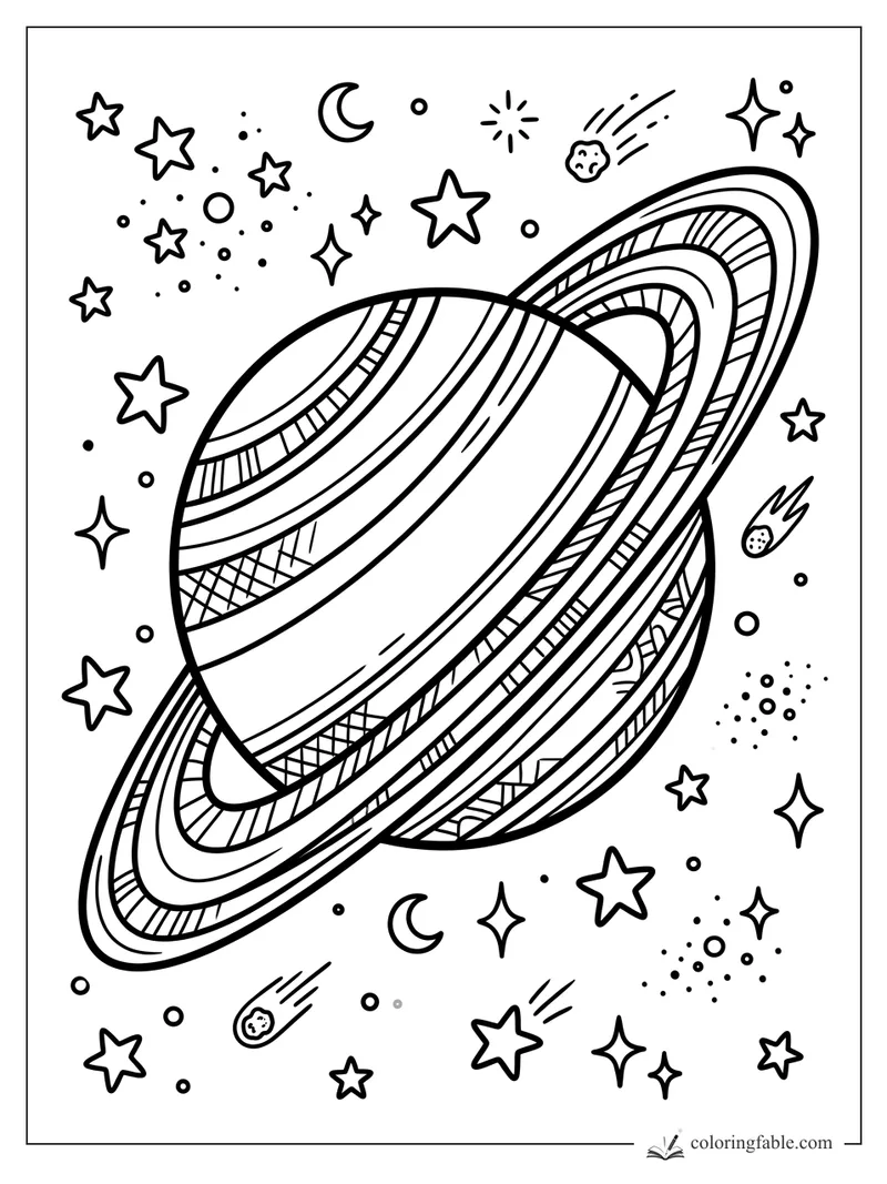 Cartoon ringed planet with striped bands, moons, stars, dots, and three comets in space