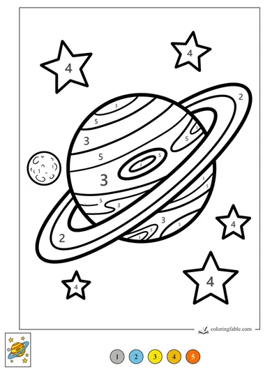 Striped Ringed Planet with Moon and Stars — color by number