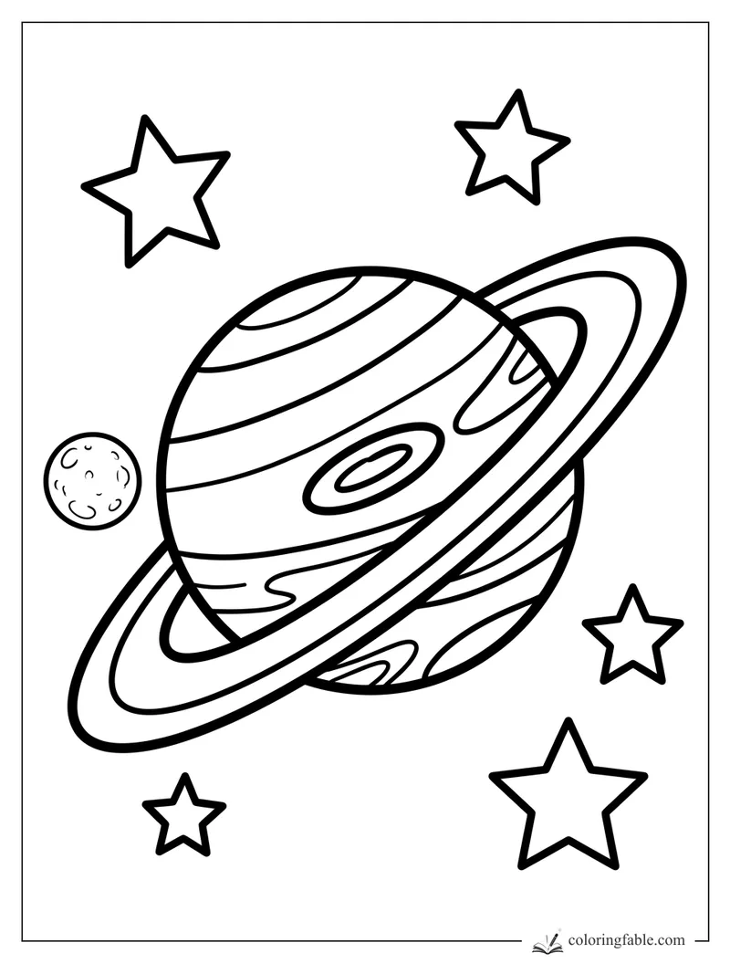 Bold ringed planet with stripes, a small cratered moon, and five stars for easy coloring.