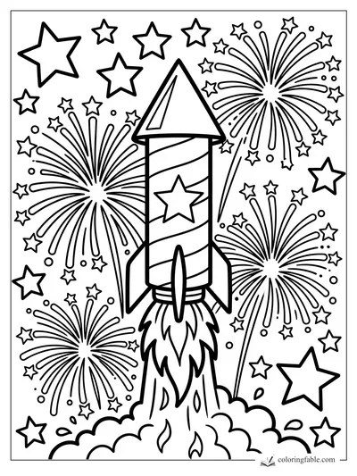 Easy rocket coloring page with stripes, a star emblem, flames, fireworks, and many stars