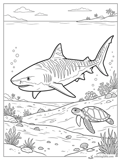 Realistic striped shark swimming above a reef with a sea turtle, bubbles, coral, and island horizon