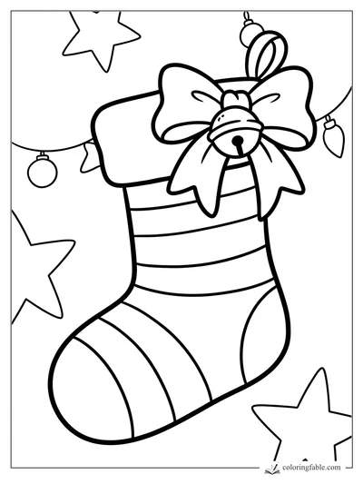 Easy Christmas stocking coloring page with stripes, a big bow, bell, stars, and hanging ornaments.