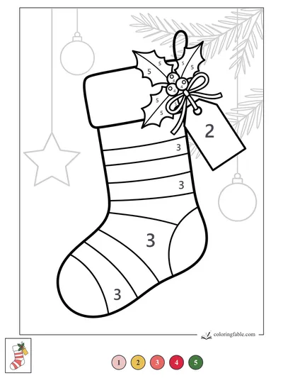 Striped Stocking with Holly Bow and Gift Tag — color by number