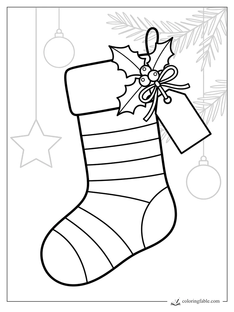 Striped Christmas stocking with holly, bow, blank gift tag, pine branches, star and round ornaments.