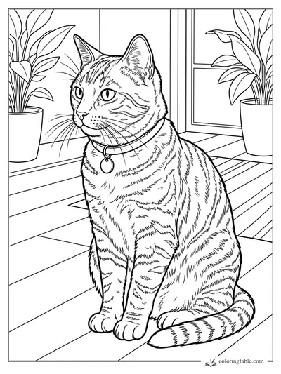 Realistic striped tabby cat with collar sitting by potted plants and a window on a wood floor.