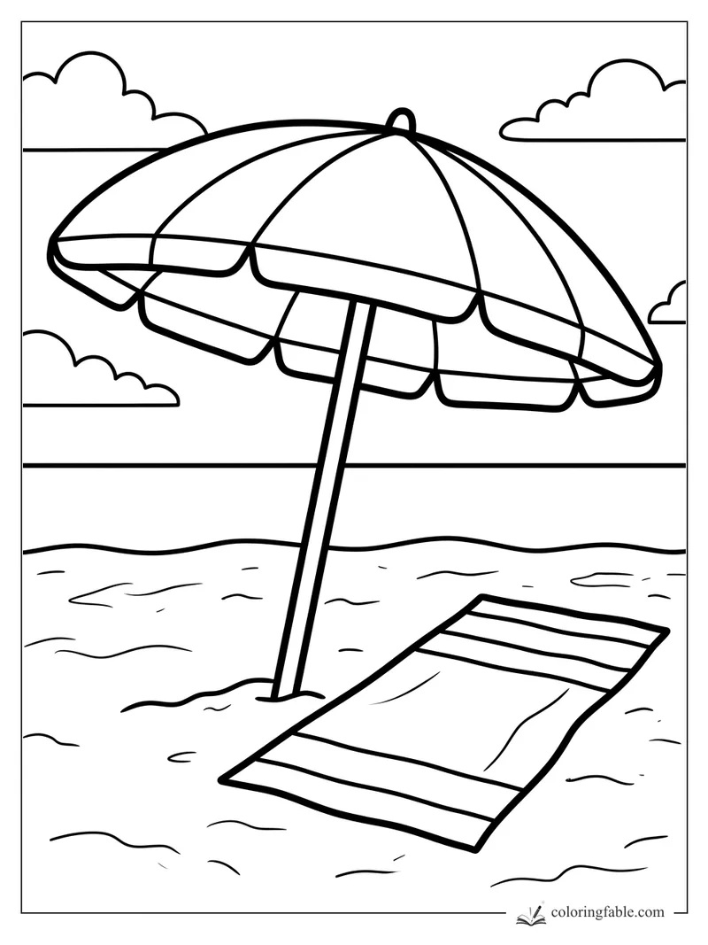 Simple beach coloring page with a striped umbrella, towel, sand, waves, and clouds