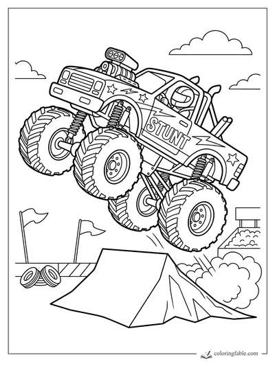 Cartoon stunt monster truck jumping a ramp with giant tires, flags, dust clouds, and STUNT on the door.