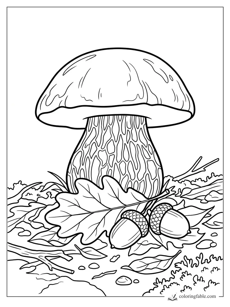Large woodland mushroom with patterned stem, oak leaves, acorns, twigs, stones, and moss.