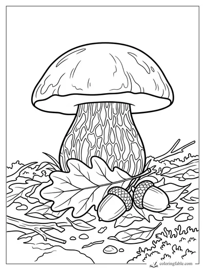 Large woodland mushroom with patterned stem, oak leaves, acorns, twigs, stones, and moss.