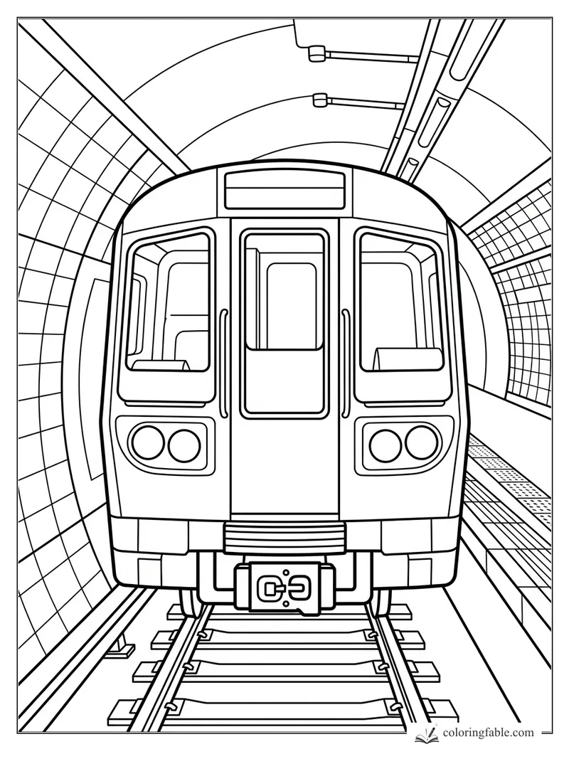 Front view of a subway train on tracks inside a curved tiled tunnel with a platform beside it