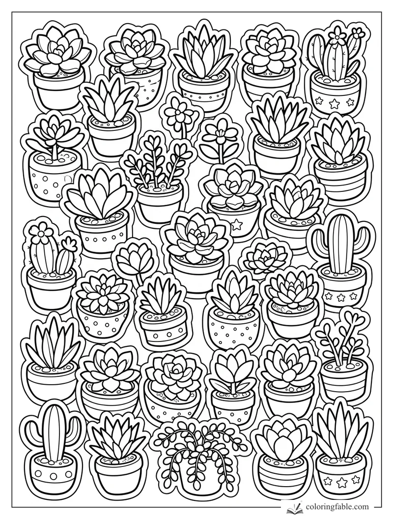 Sticker-style coloring page of many potted succulents and cacti with flowers, stars, dots, and pebbles.