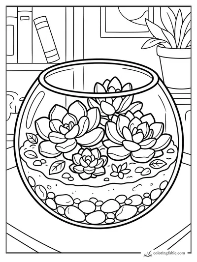 Cartoon succulent terrarium in a round glass bowl with pebbles, leaves, books, and a potted plant