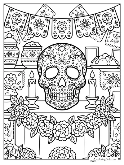 Sugar skull altar with candles, marigolds, papel picado banners, jars, and pan de muerto to color.
