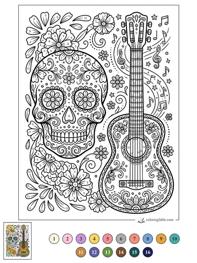 Sugar Skull and Flowered Guitar Fiesta — color by number