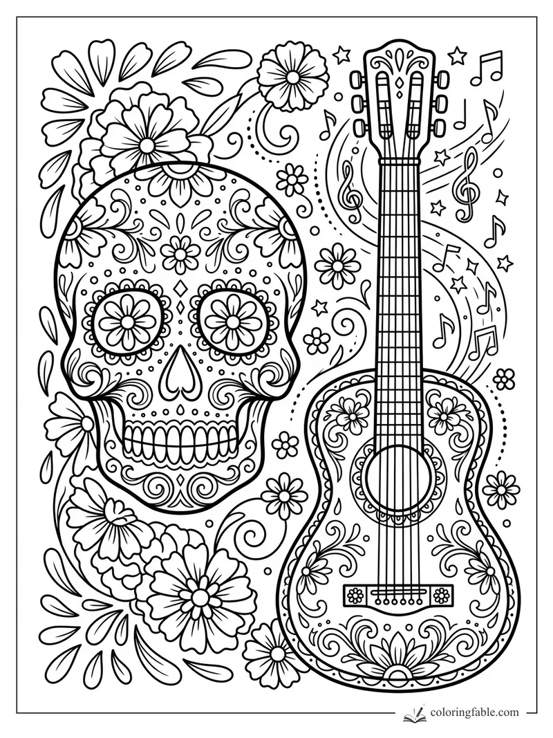 Cartoon sugar skull beside a decorated guitar with marigolds, swirls, stars, and music notes.