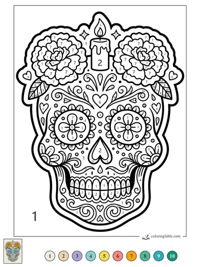 Sugar Skull With Candle and Marigold Crown — color by number