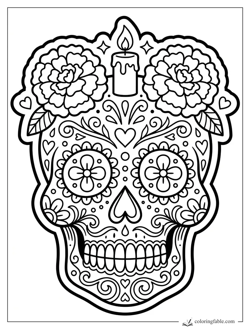 Sugar skull sticker with a candle, two marigolds, heart cheeks, flower eyes, and swirling details.