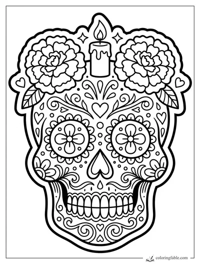 Sugar skull sticker with a candle, two marigolds, heart cheeks, flower eyes, and swirling details.