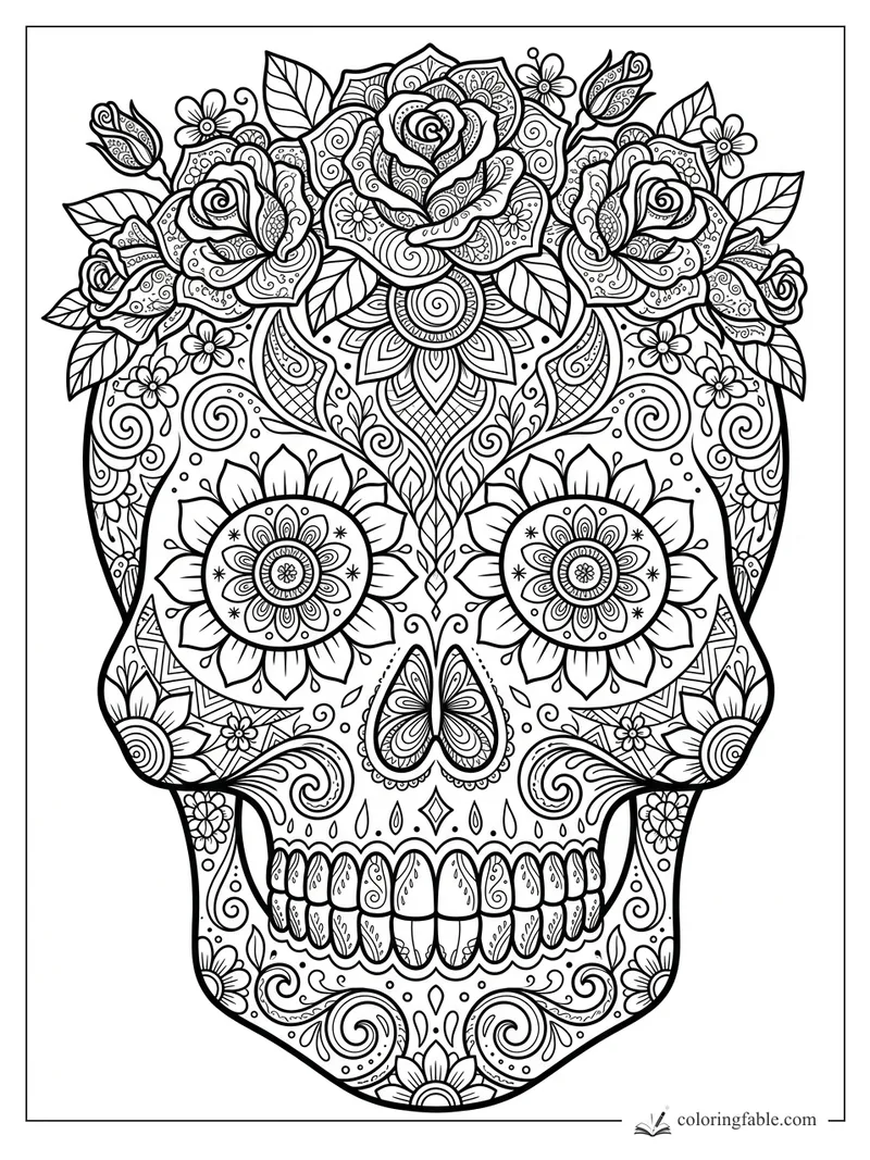 Intricate zentangle sugar skull with rose crown, mandala eyes, butterfly nose, teeth, leaves, and swirls