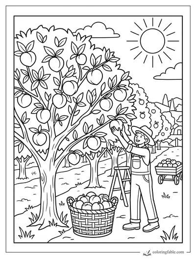 Child in a sun hat picks apples in an orchard with baskets, ladder, wagon, trees, clouds, and bright sun.
